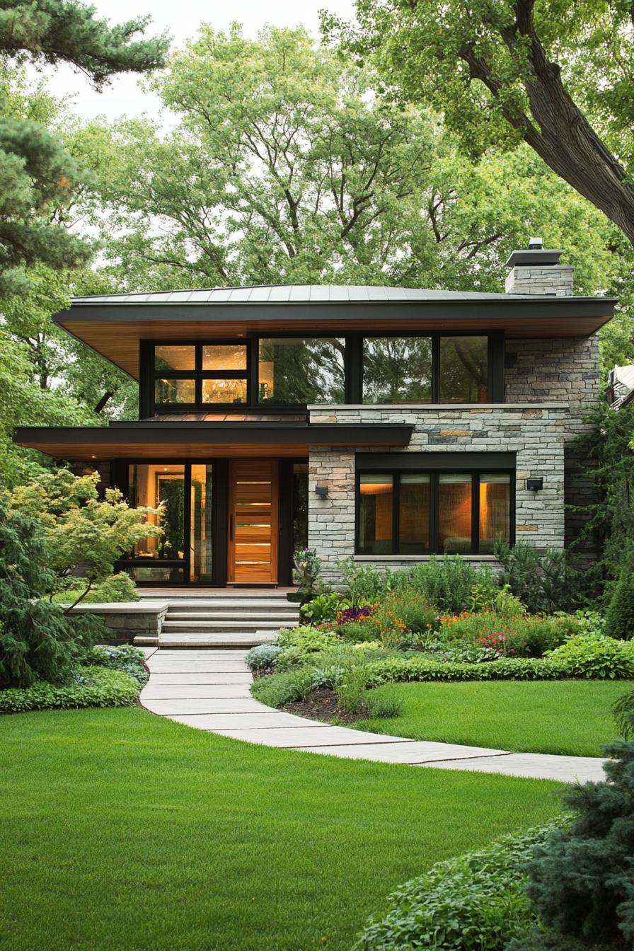 Contemporary stone cottage surrounded by greenery