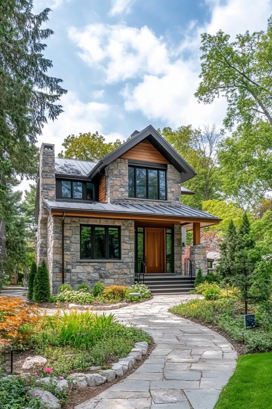 Sturdy stone cottage surrounded by trees and a garden