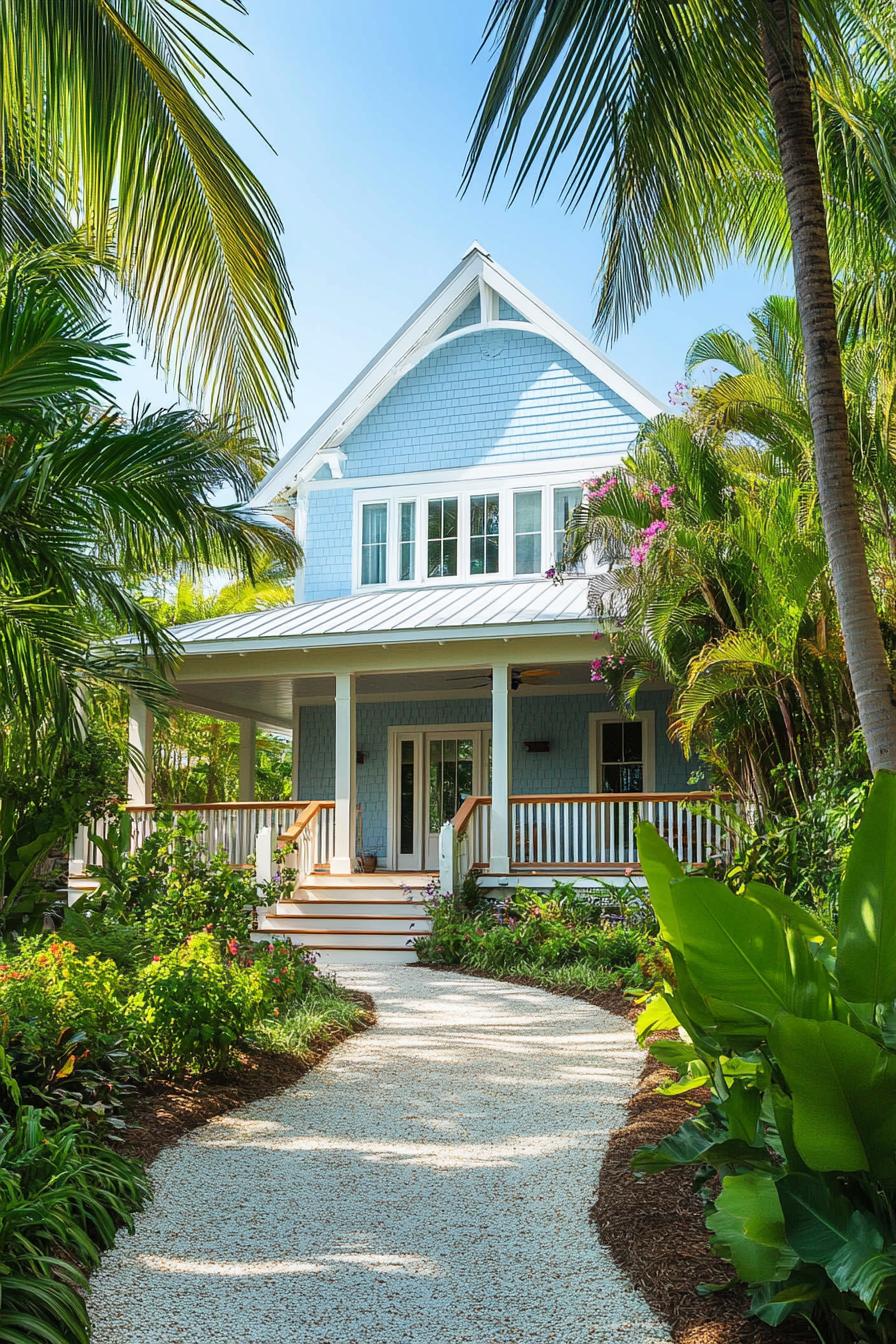 Charming blue cottage surrounded by lush greenery