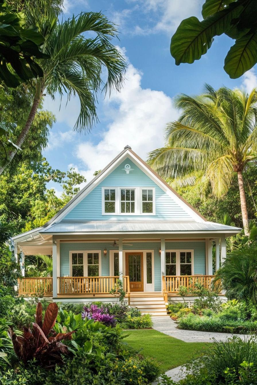 Charming blue cottage surrounded by lush tropical garden