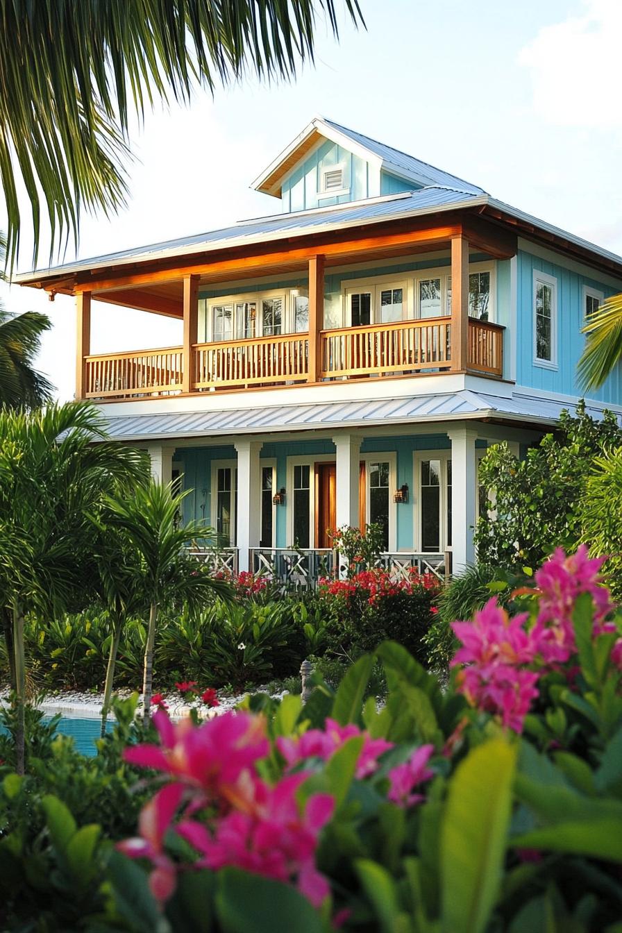 Two-story tropical cottage with lush garden