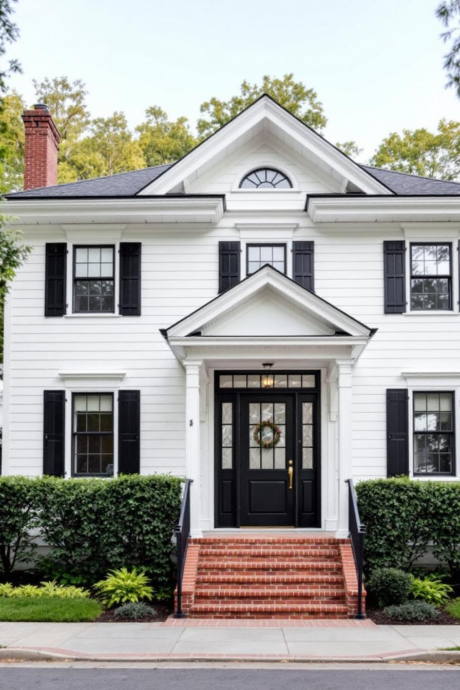 White house with black shutters and door