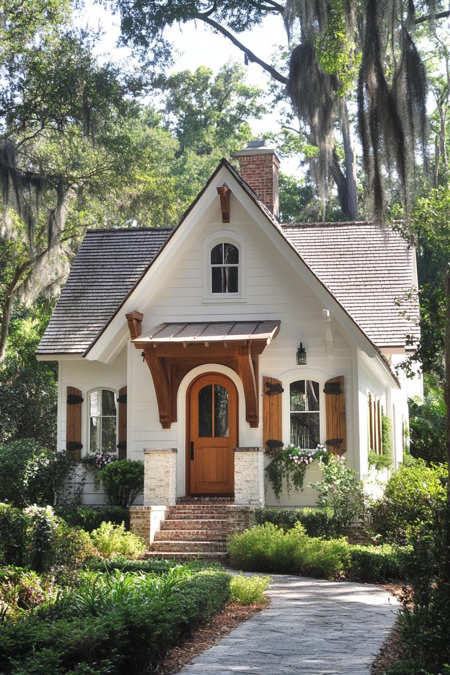 Charming cottage with a wooden door and lush garden