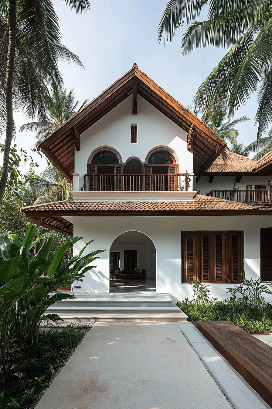 Traditional Kerala house with a sloped roof surrounded by palm trees