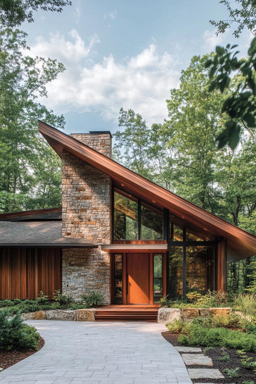 Mid-century home with steep roof and stone chimney in lush forest setting