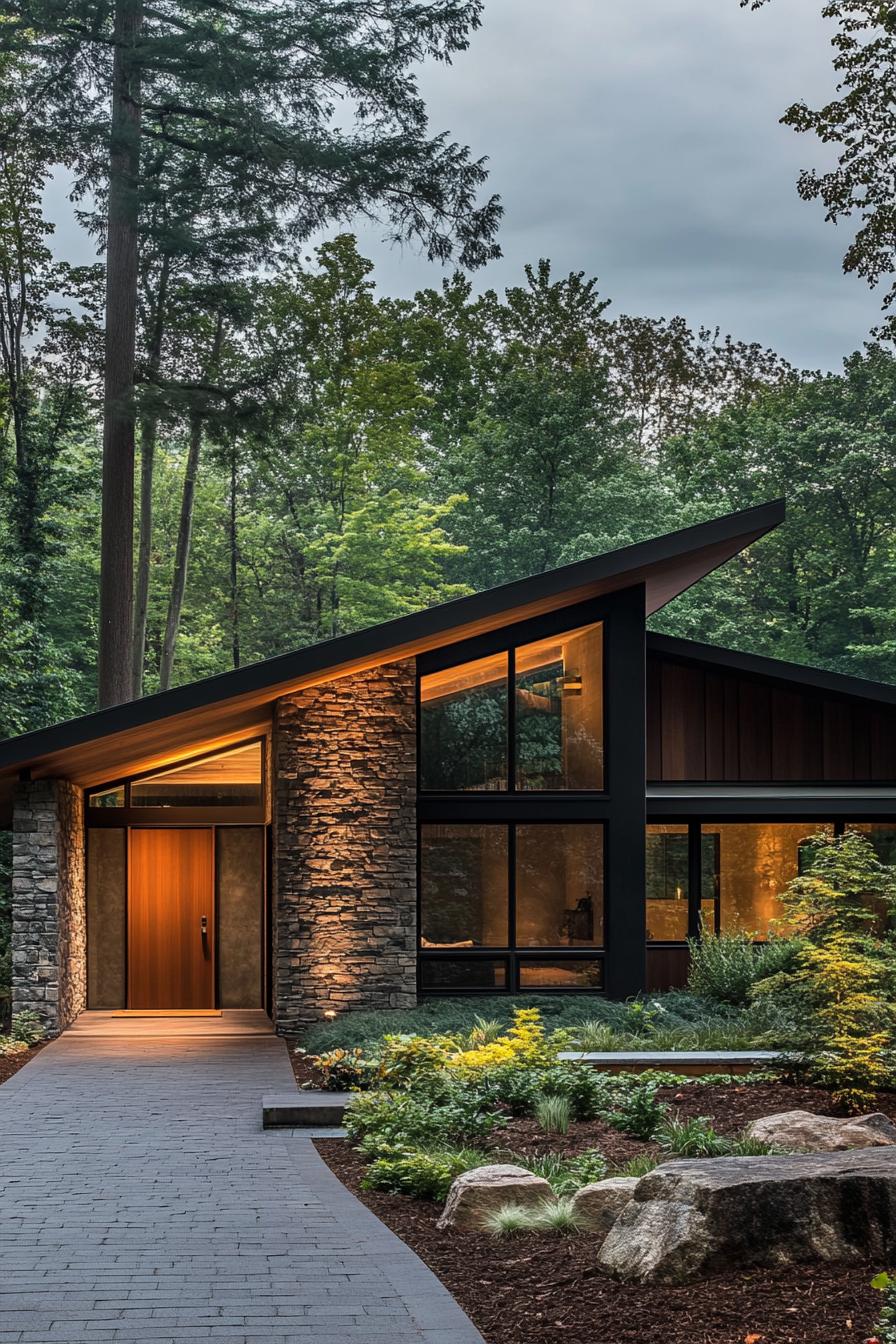 Modern house with slanted roof, stone walls, and large windows in a forest setting