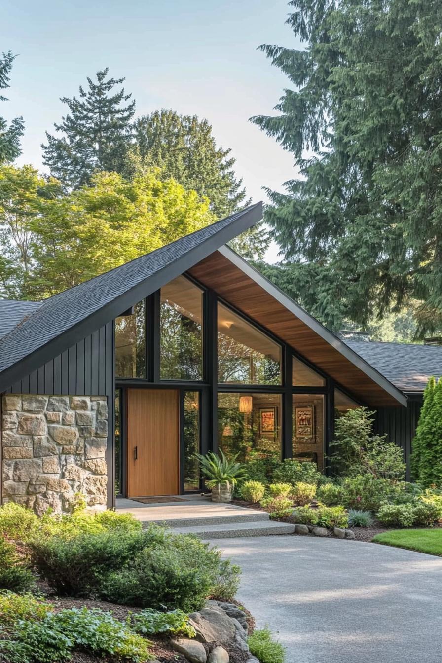 Mid-century home with triangular roof set in lush greenery