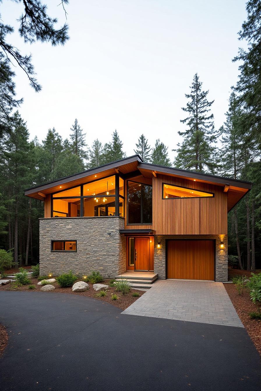 Mid-century modern house with slanted roof and large windows in a forest setting