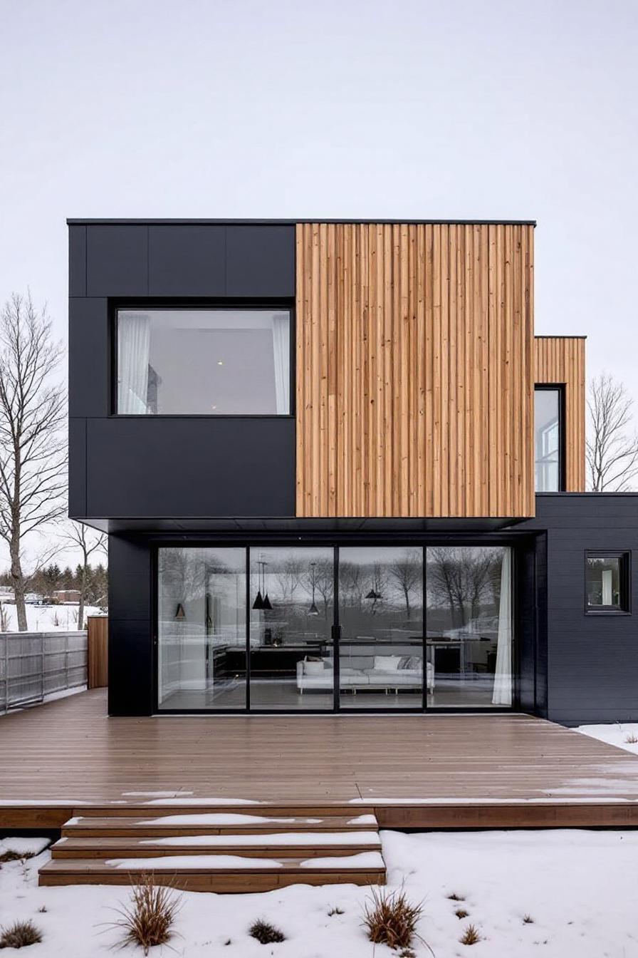 Modern two-story minimalist house with wood and black exterior