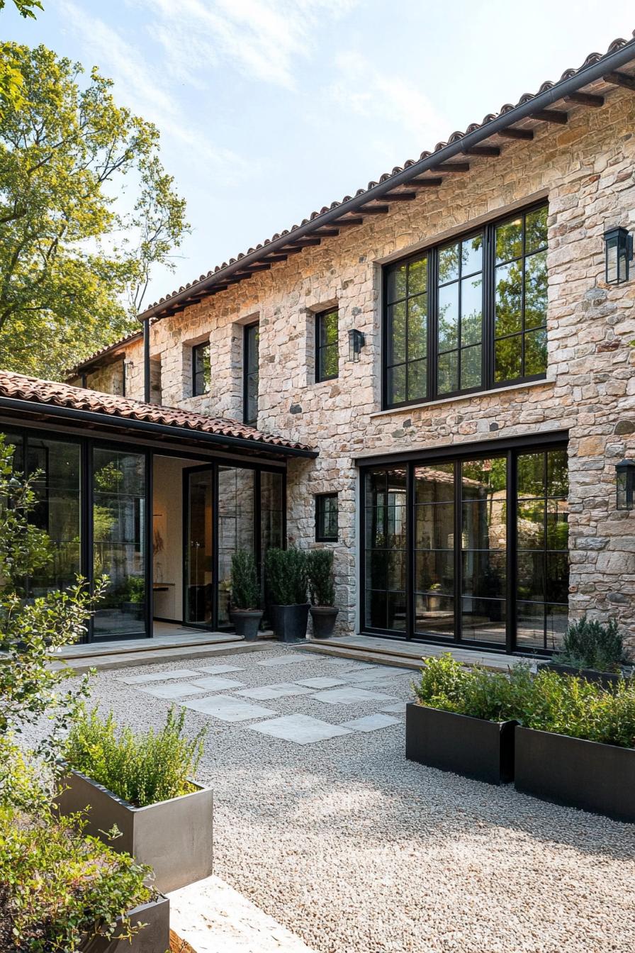 Modern Italian villa with stone walls and glass doors