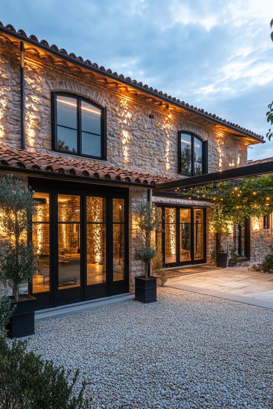 Stone villa with glowing lights at dusk