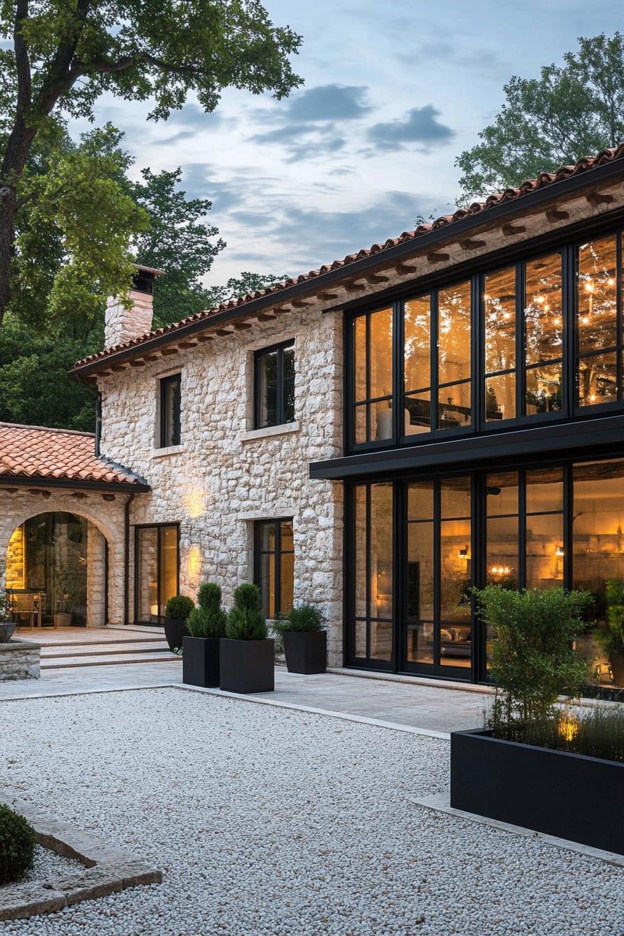 Stone villa with large glass windows and a courtyard