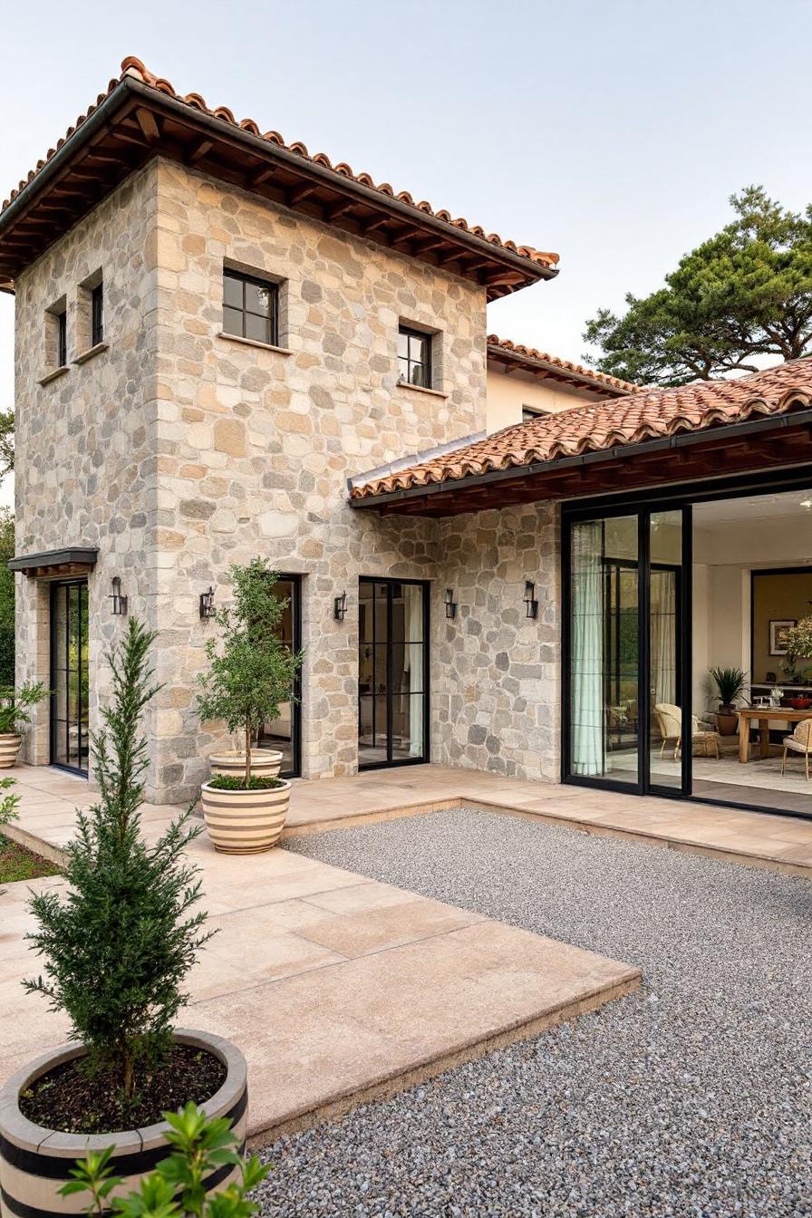 Modern Italian villa exterior with stone walls and large windows