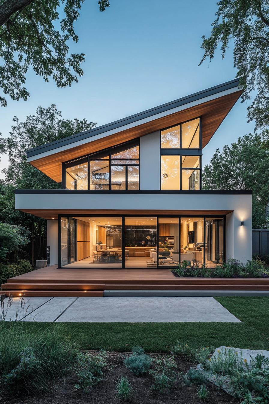 Modern house with a skillion roof at dusk