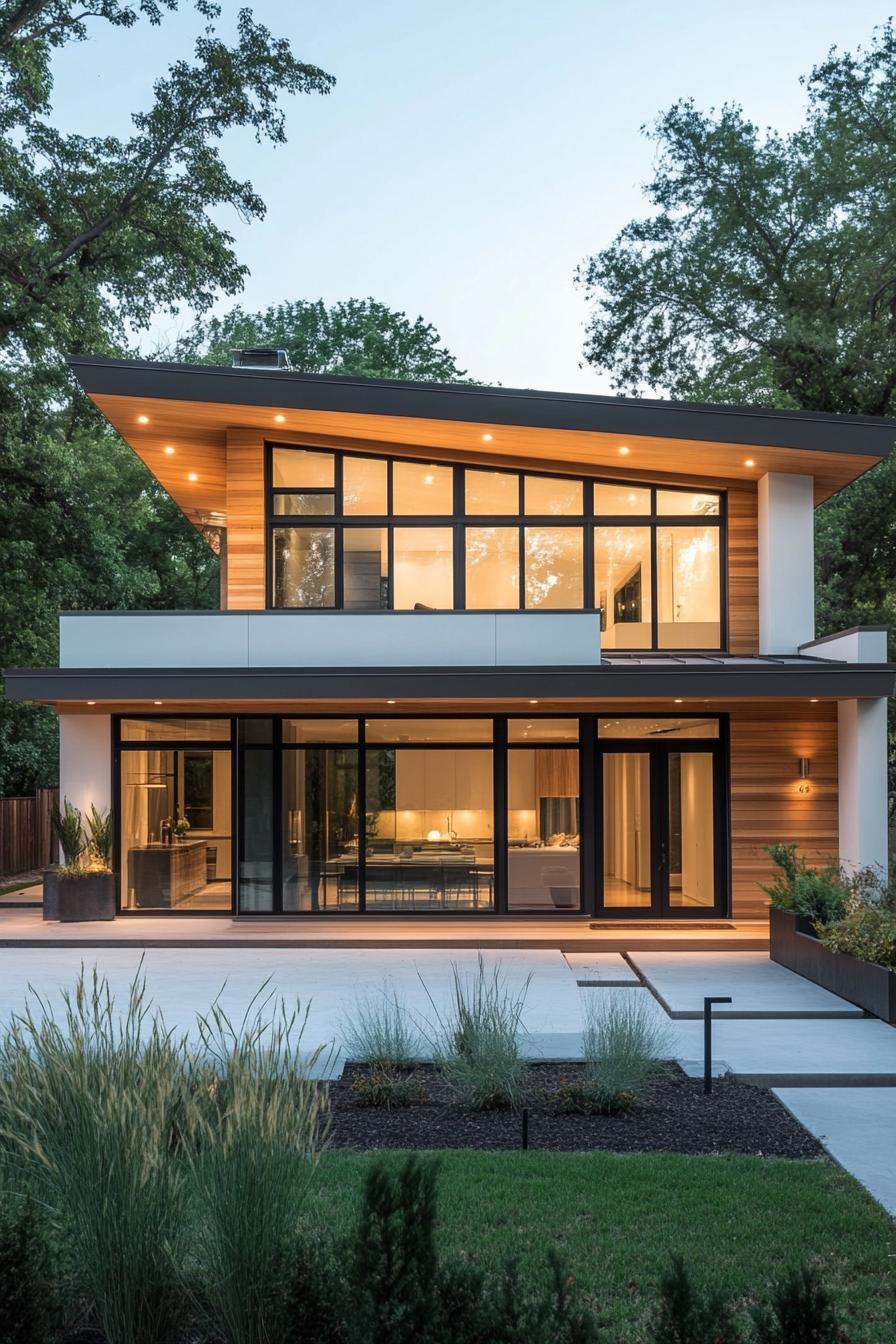 Two-story house with a striking skillion roof and large glass windows, surrounded by trees