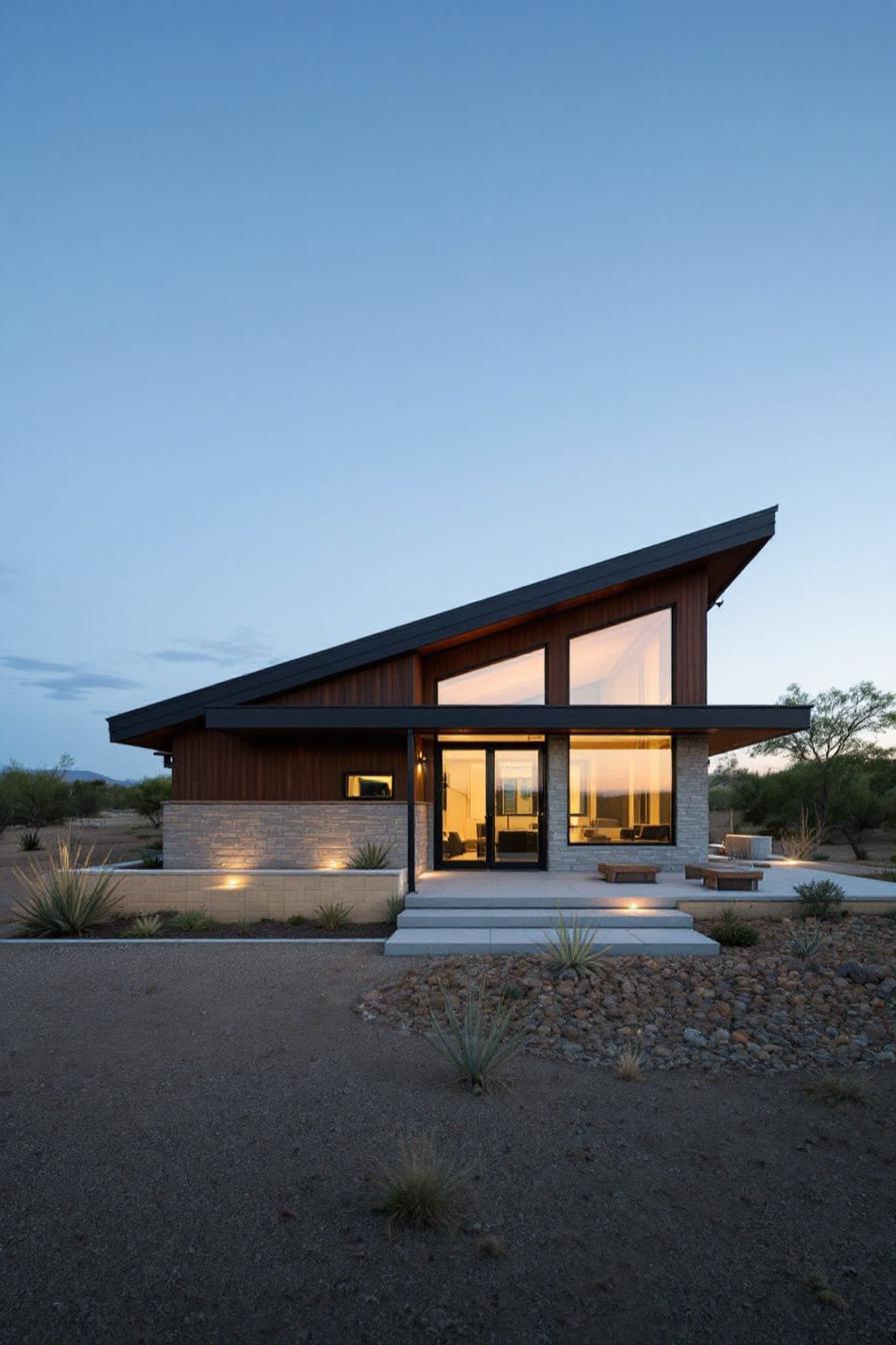 Contemporary home with angled roof at twilight