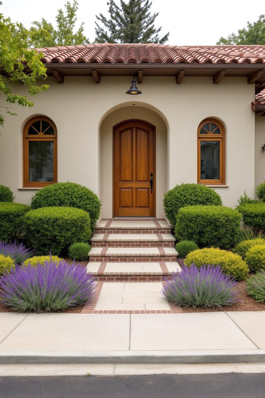 Spanish-style cottage entrance with lavender and greenery