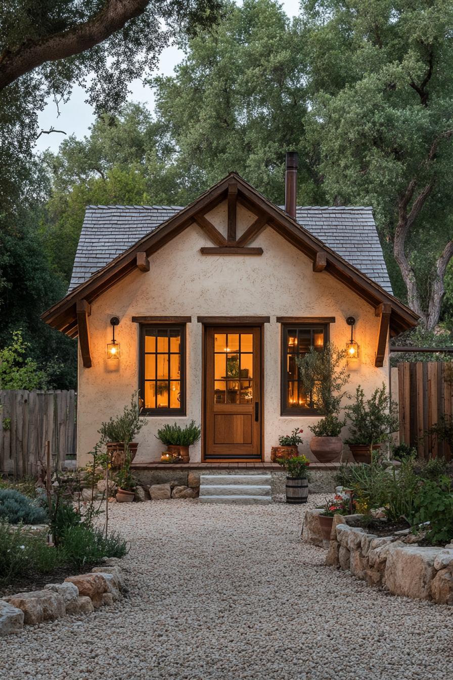 Charming little cottage with warm lights and lush surroundings