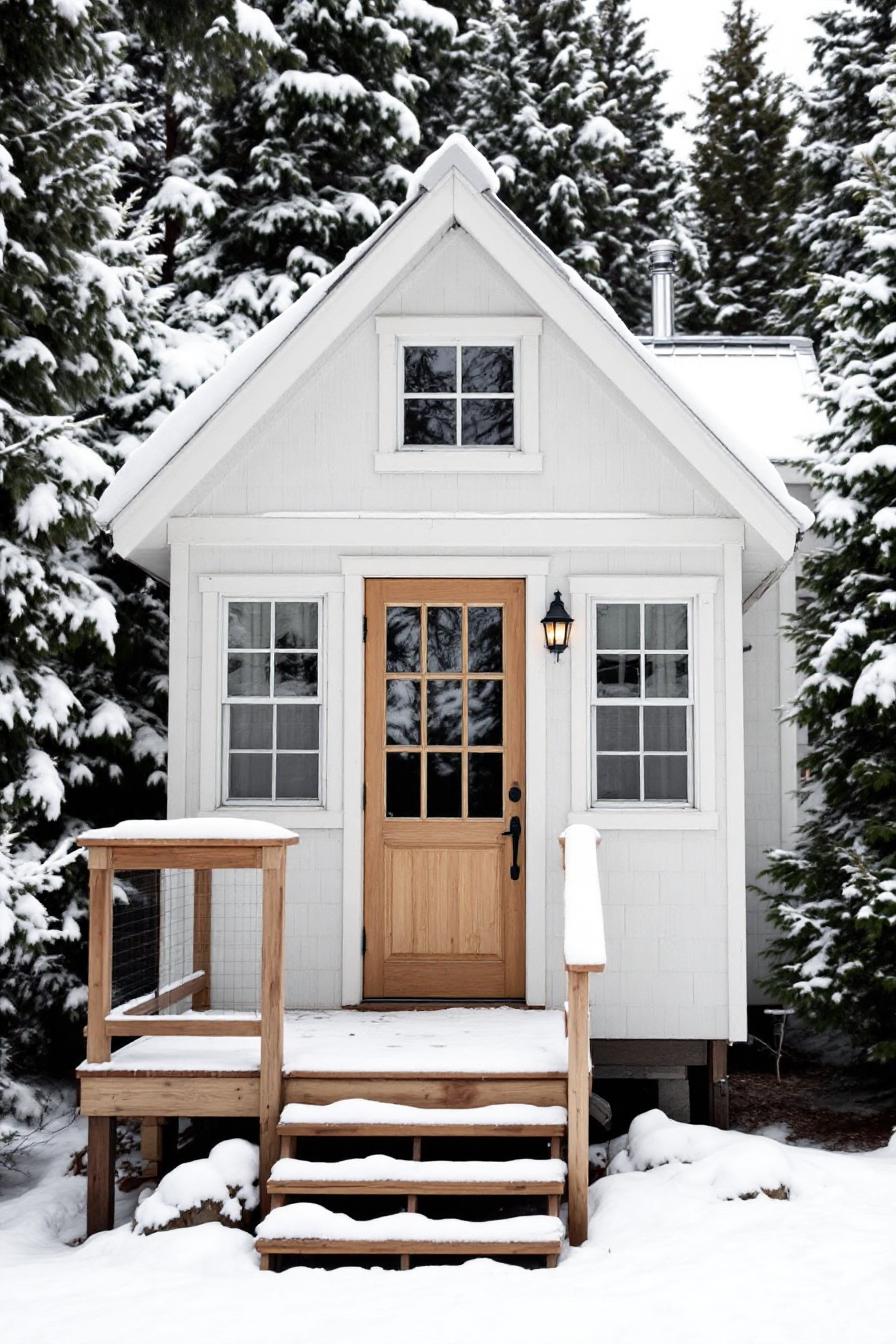 Tiny white cottage with snowy surroundings