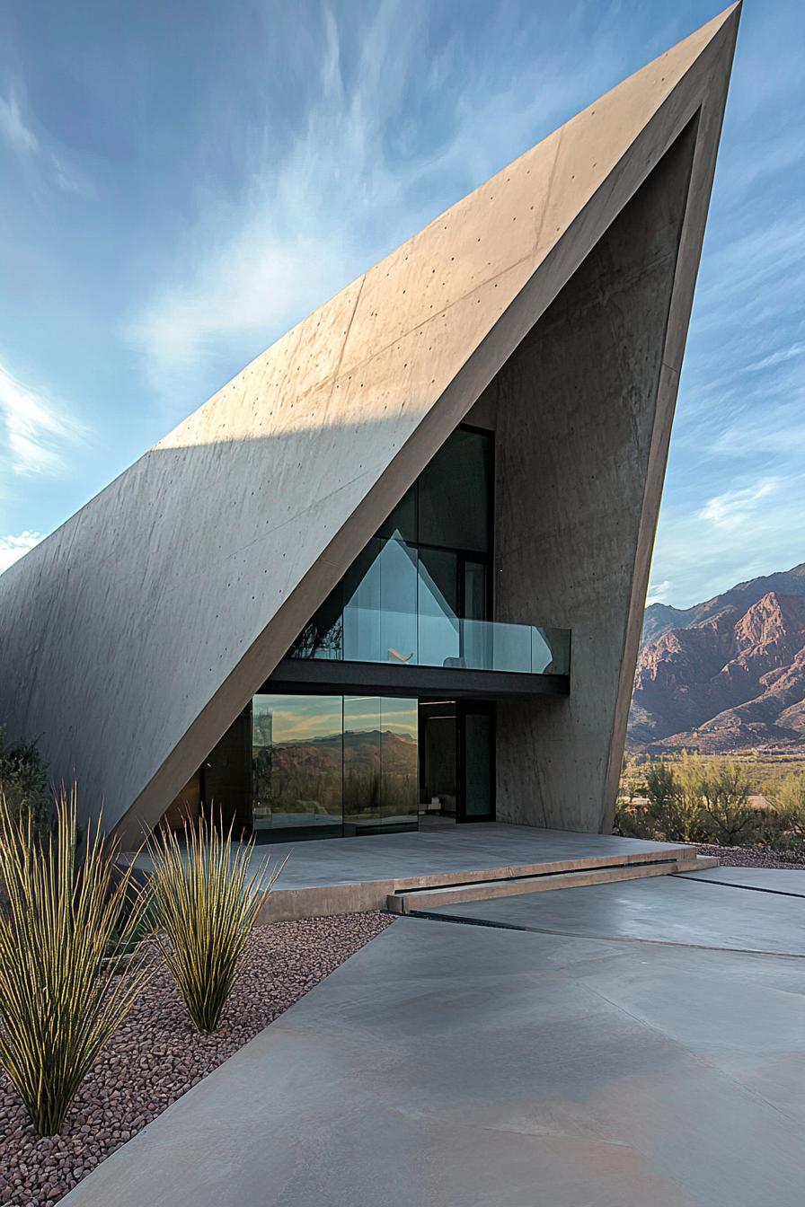 Angular concrete house with glass walls set against a mountain backdrop