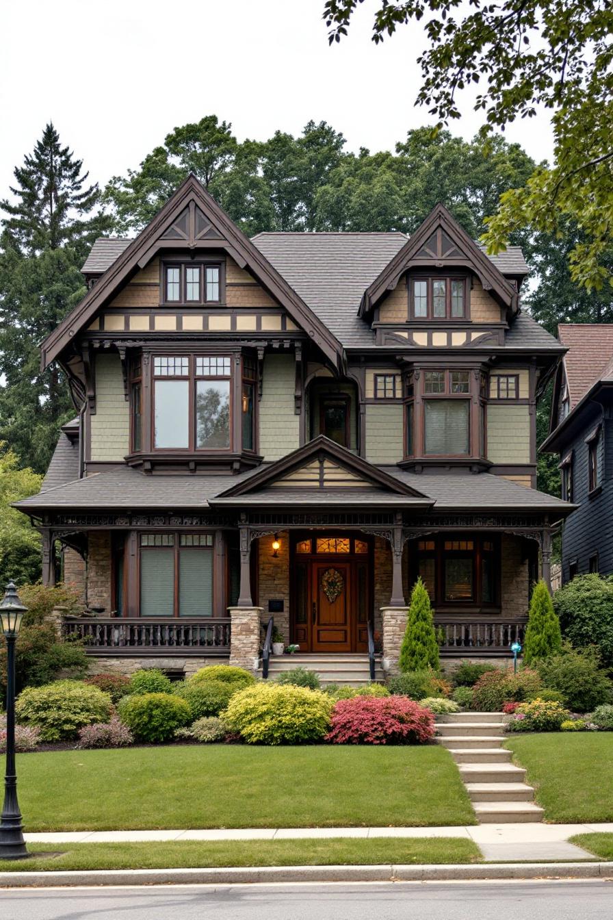 Charming two-story Victorian house with lush garden