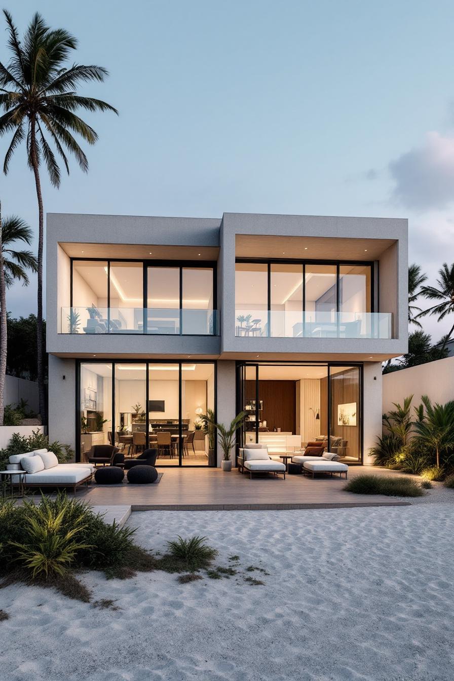 Elegant two-story beachfront house with large glass windows