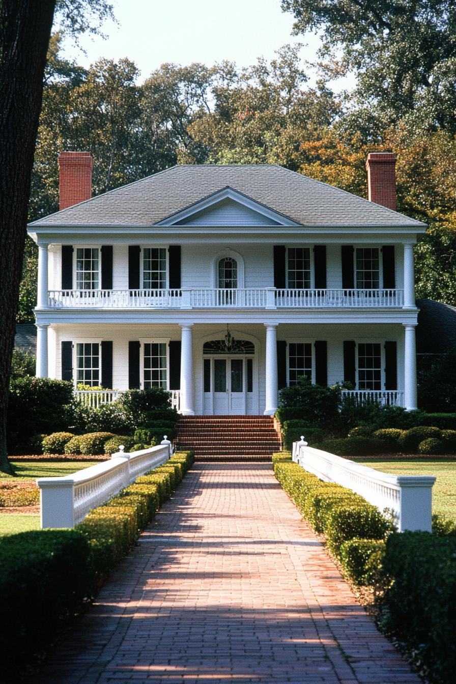 Classic Southern home with a long brick walkway and white columns