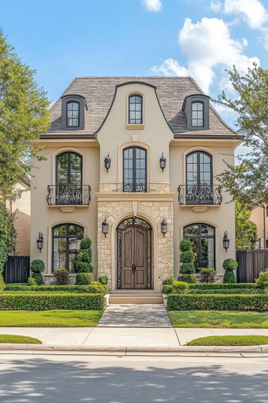 Modern villa with arched windows and lush landscaping