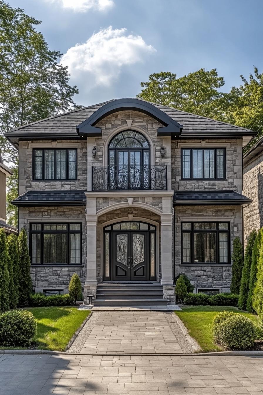 Modern villa with stone facade and lush greenery