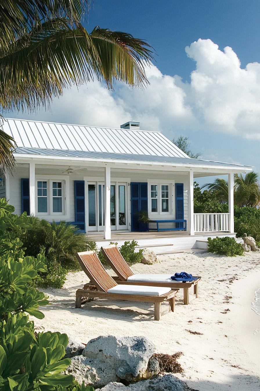 Cozy beach house with palm trees and loungers