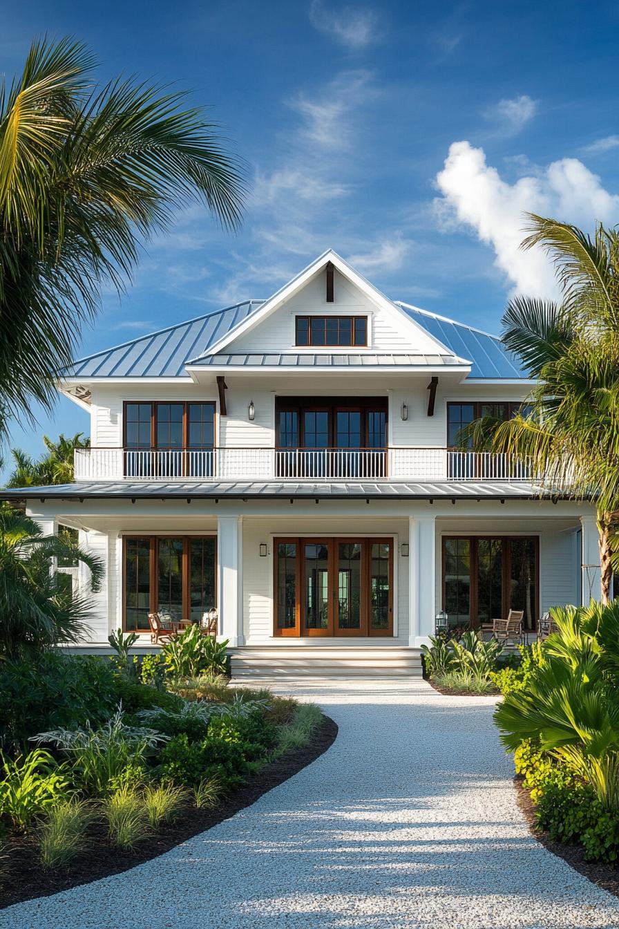 Charming white coastal house surrounded by lush greenery