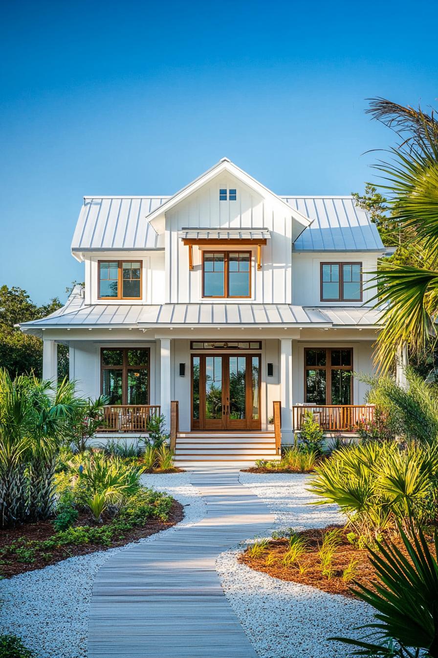 Modern coastal house with white exterior and lush landscaping