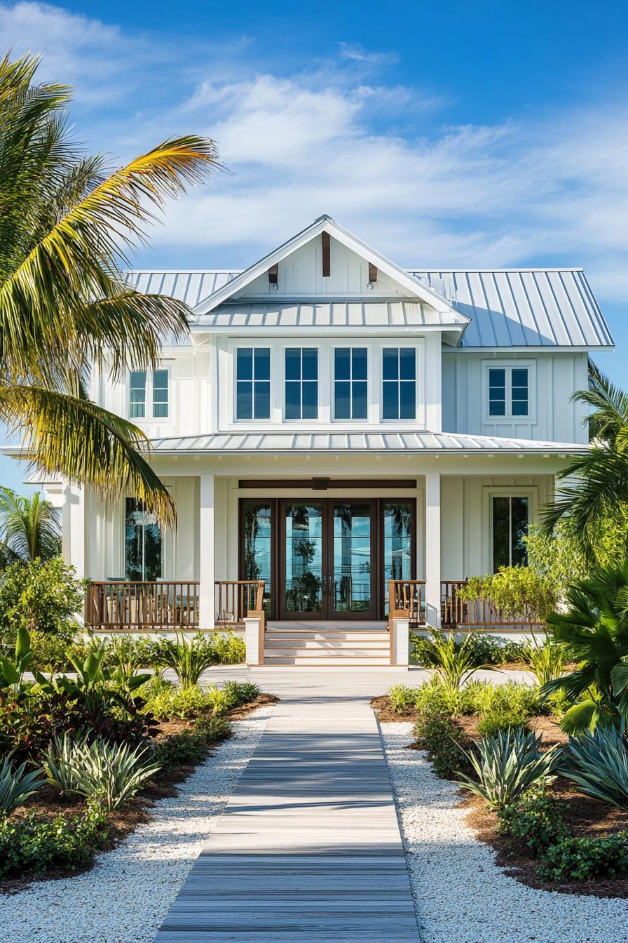 White coastal house with lush garden and boardwalk path