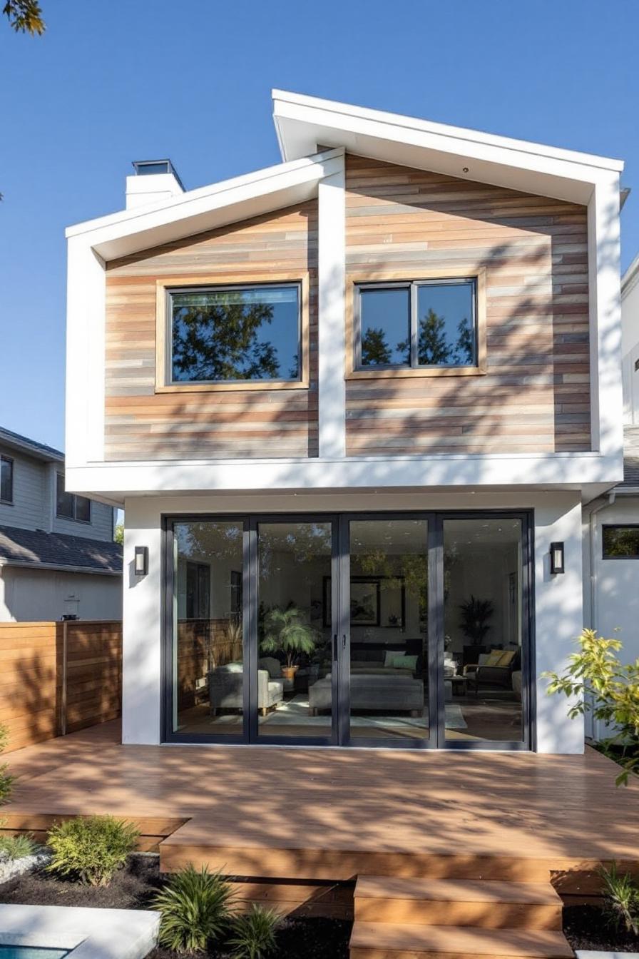 Modern house with wooden accents and large glass doors