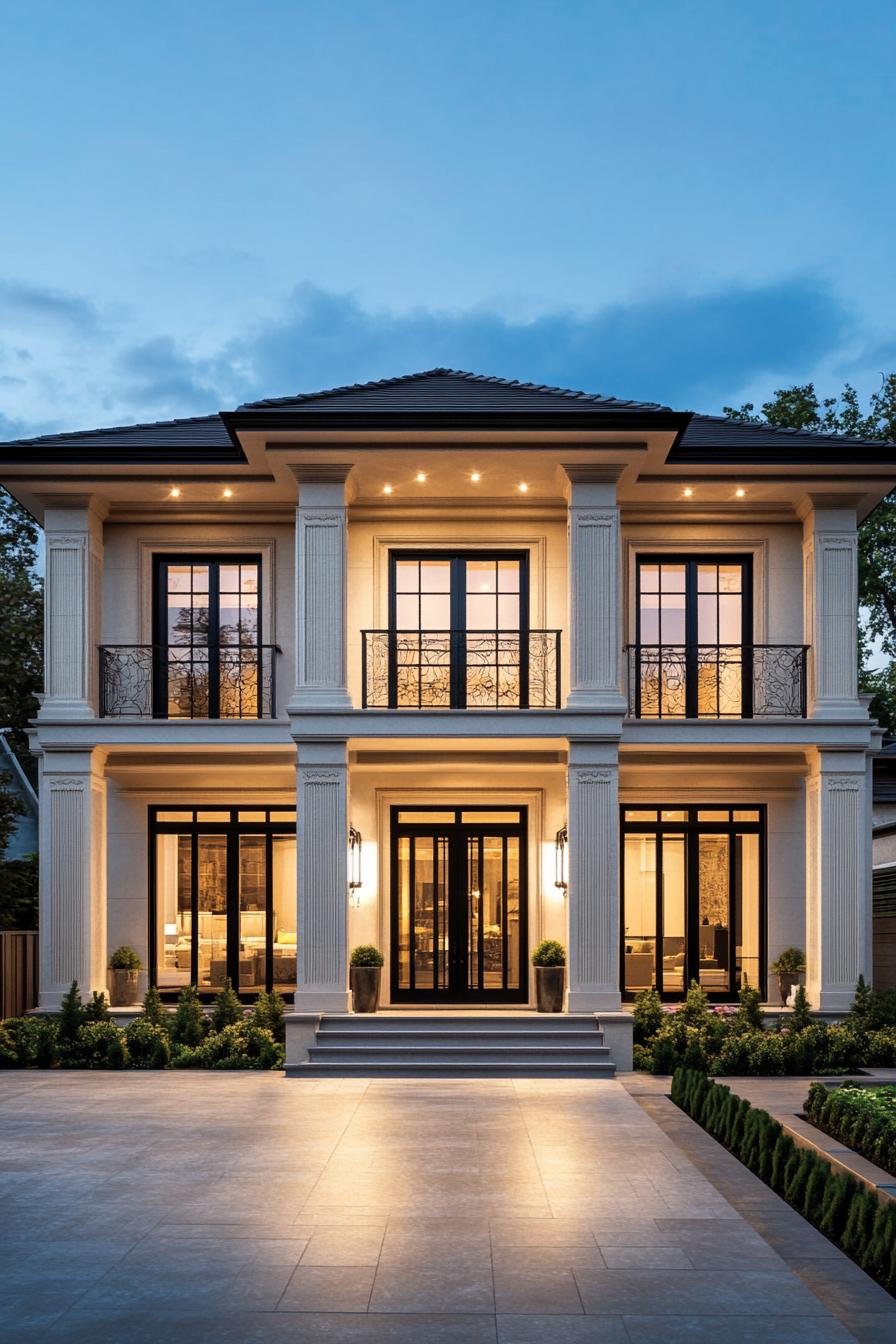 Elegant two-story house with illuminated columns and large glass doors