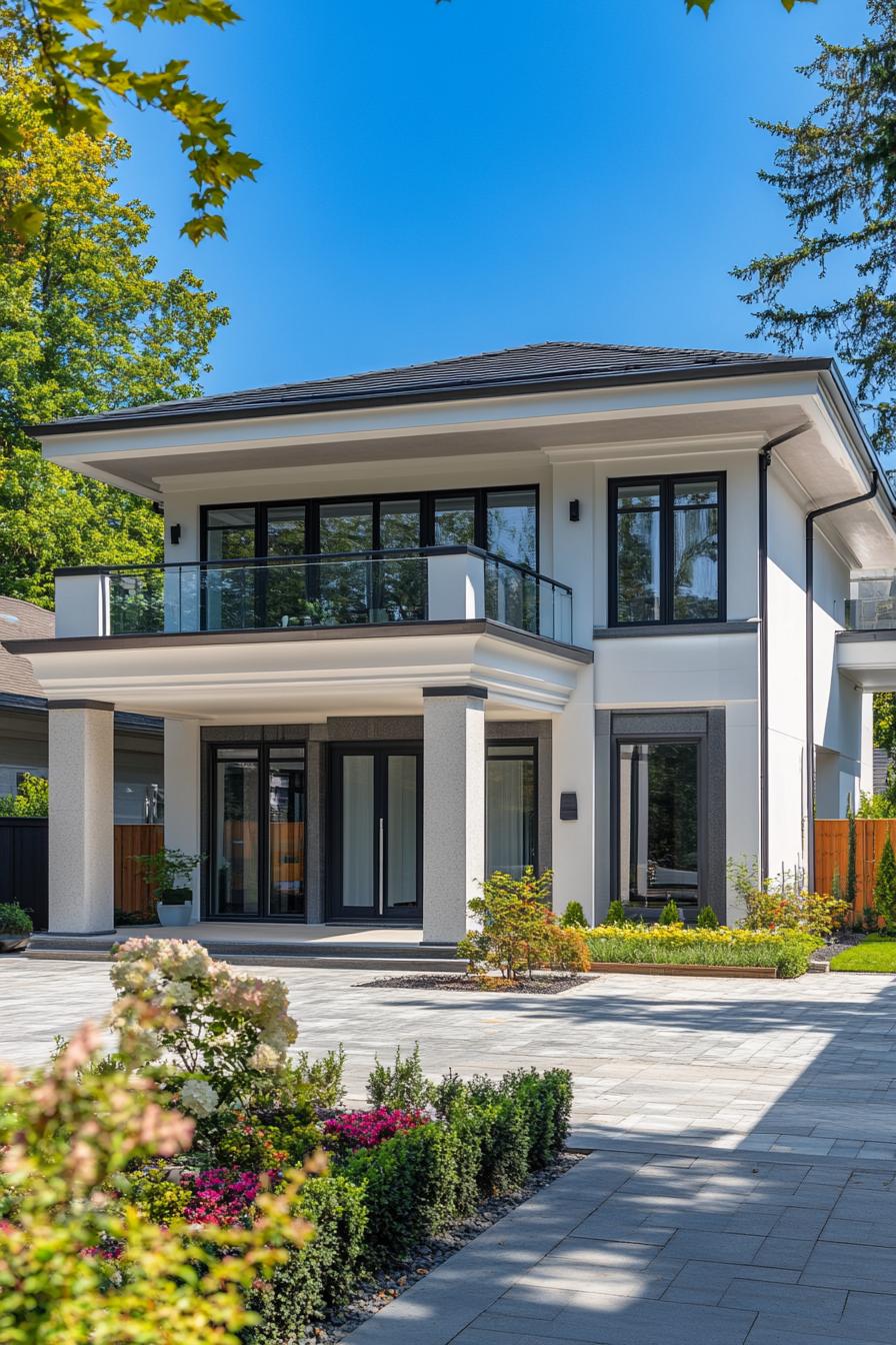 Modern two-story house with a balcony and large windows