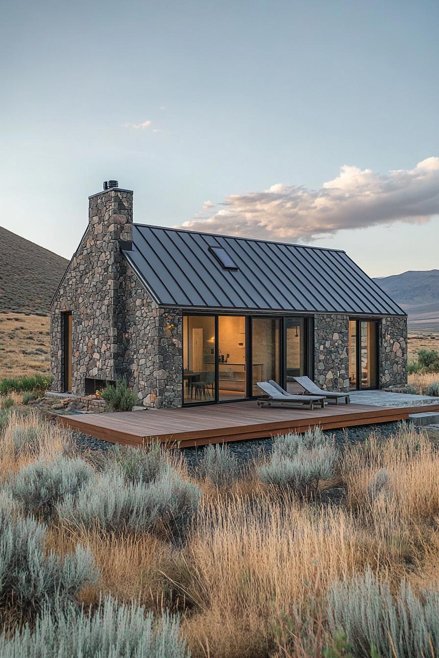 Compact stone cottage with glass windows and wooden deck