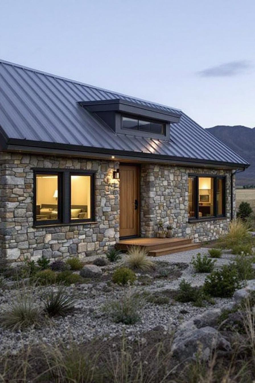 Stone cottage with large windows and a sleek metal roof