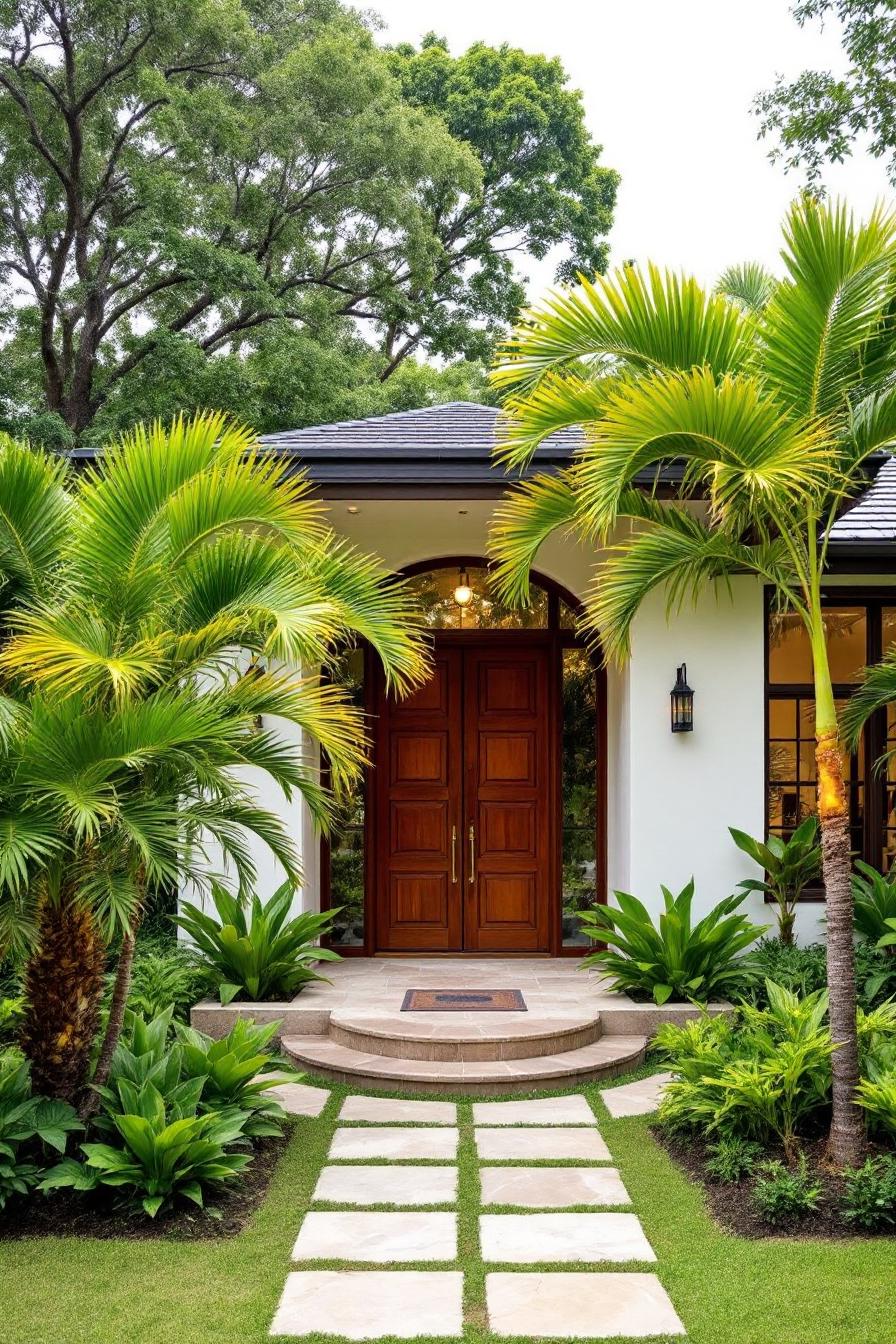 Welcoming tropical house with wooden doors