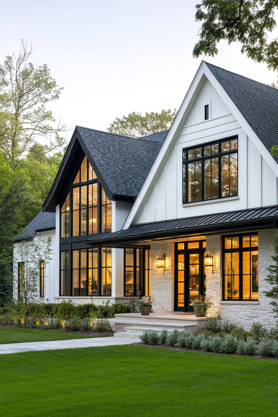 White house with black-framed windows and lush greenery