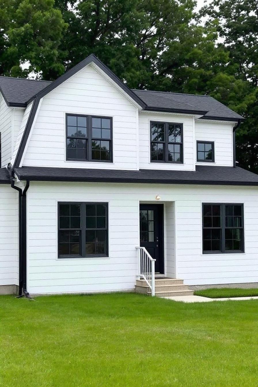 White house with black trim and lush green lawn