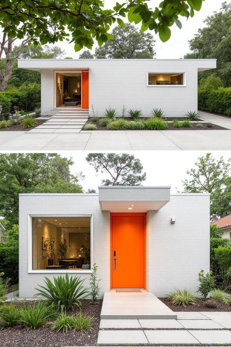 White mid-century house with a bright orange door and surrounding greenery