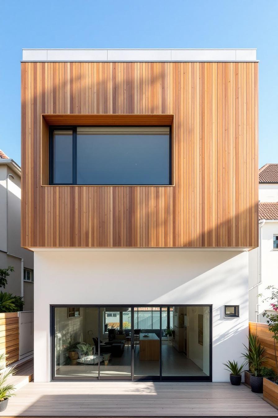 Modern house with wooden cladding and large glass windows