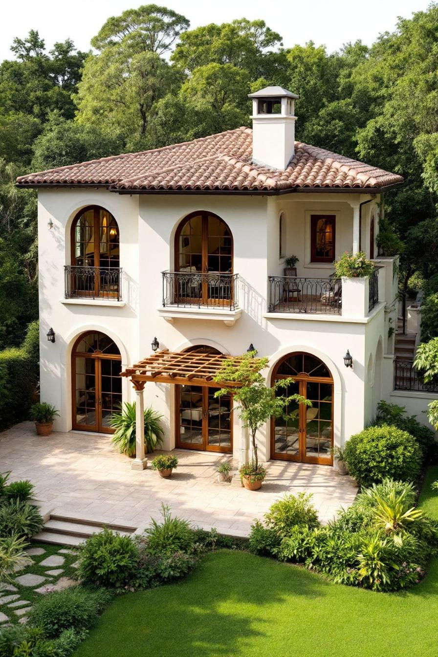 Charming villa with arched windows and lush garden