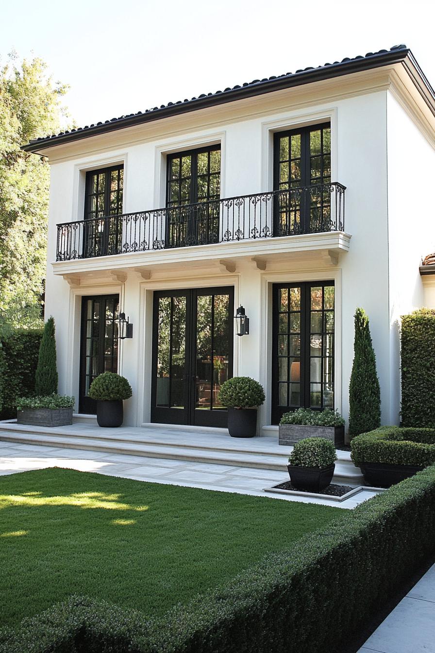 Modern villa with black-framed windows and manicured hedges