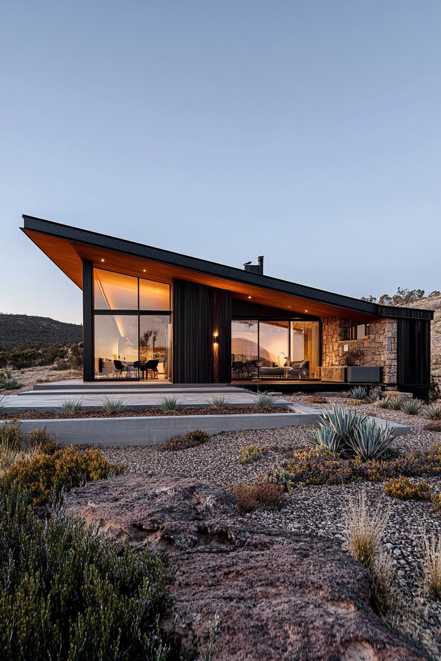 Modern house with skillion roof in a rocky landscape