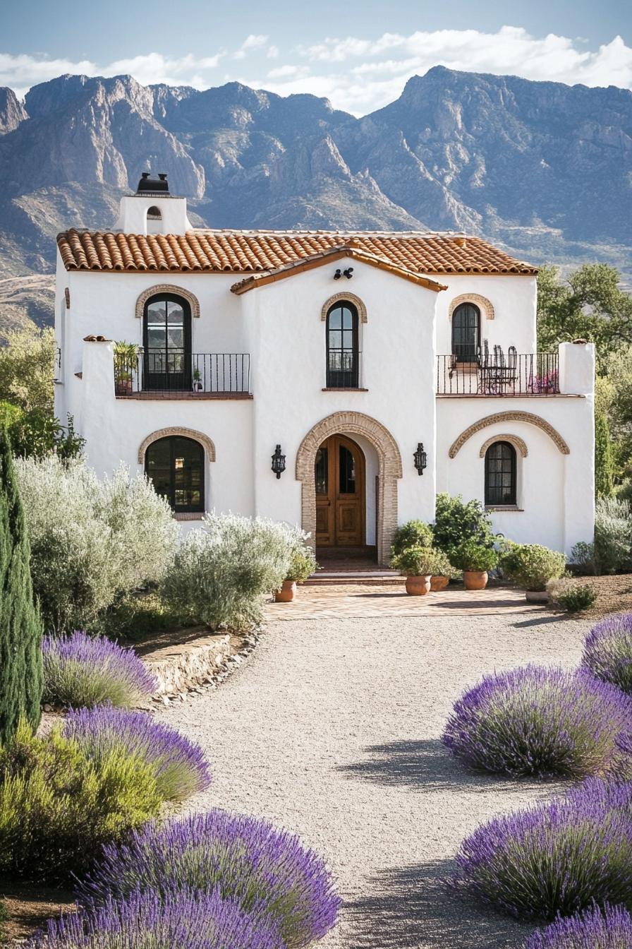 Spanish cottage asymmetrical two story facade white stucco finish large arched and rectangular windows roof with traditional red clay tiles 3