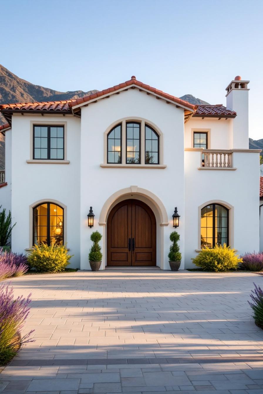 Charming Spanish-style cottage with arched windows and terra cotta roof