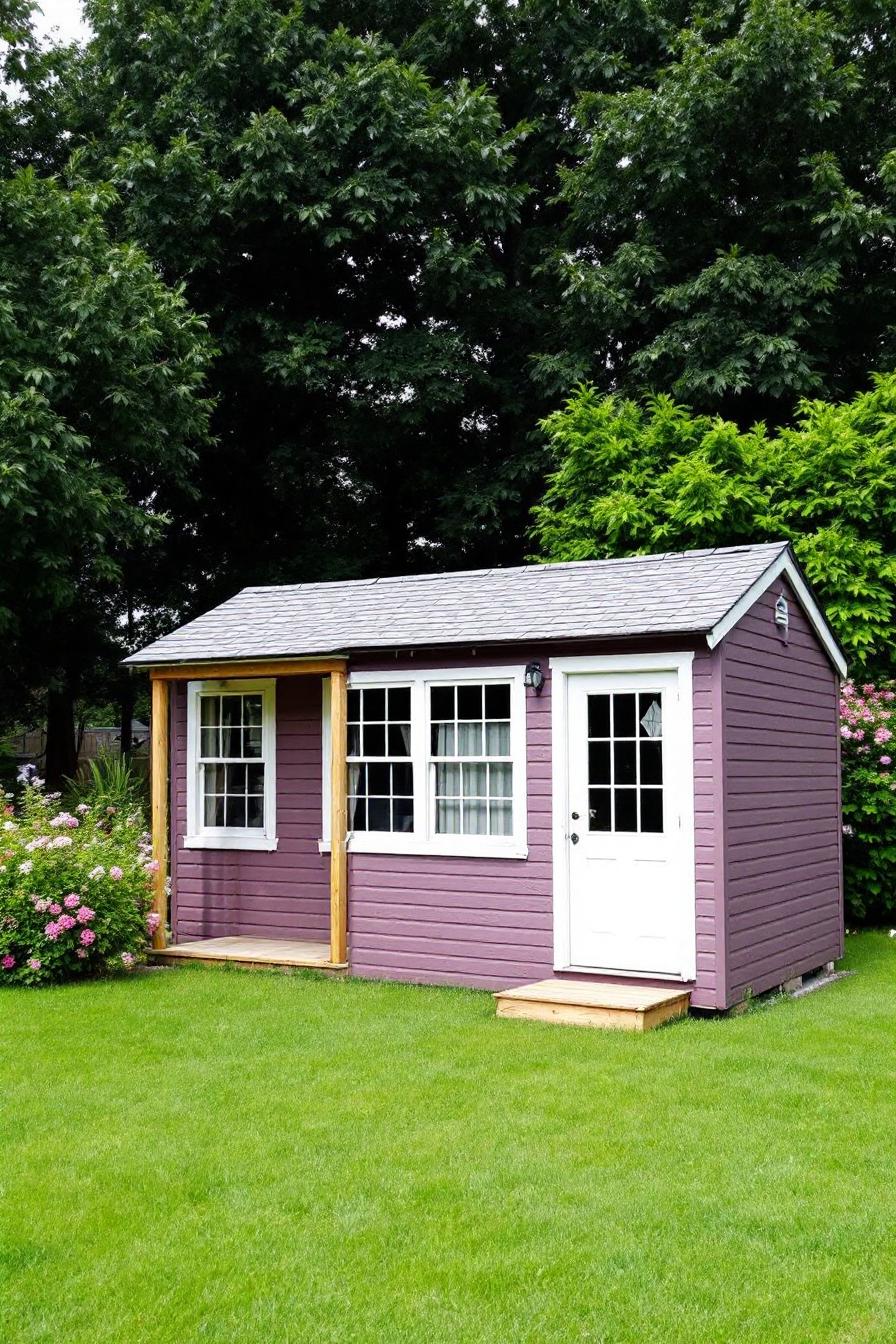 Small purple cottage with white doors in green garden