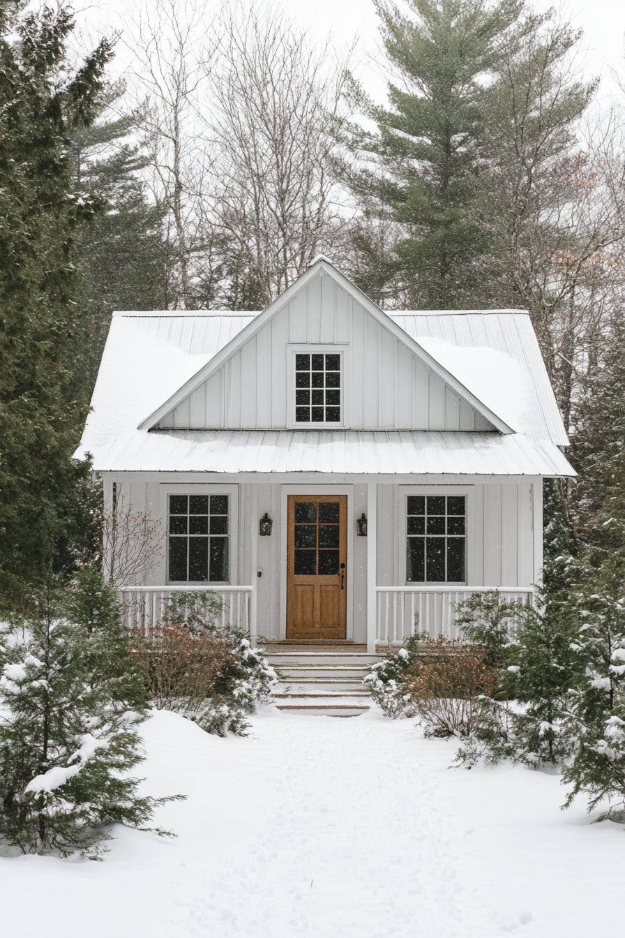 Charming white cottage surrounded by snow-covered trees